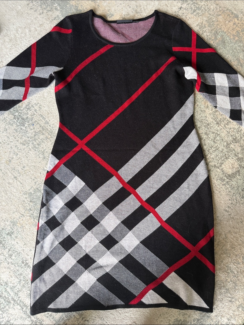 Nina Leonard Black Knit Dress with Red and White Plaid, Size M